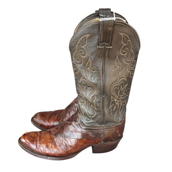 Justin Men's Brown eel Skin Western Cowboy Boots Size 10B Almond Toe - Picture 1 of 7